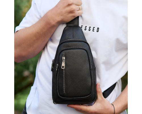 Сумка слінг чоловіча через плече 19х31х7, нагрудна сумочка рюкзак з натуральної шкіри TIDING BAG 32545 чорна