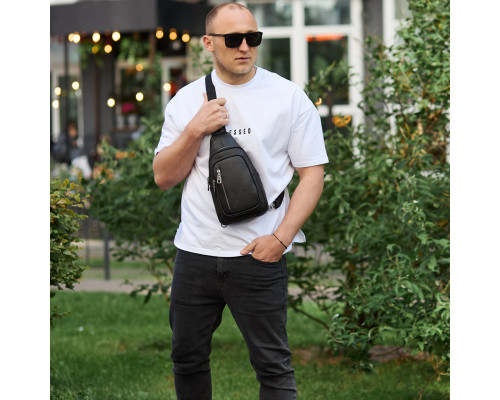 Сумка слінг чоловіча через плече 19х31х7, нагрудна сумочка рюкзак з натуральної шкіри TIDING BAG 32545 чорна