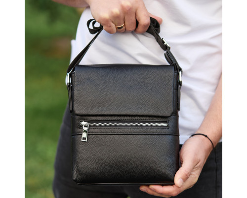 Шкіряна чоловіча сумка-месенджер 21х23х5.5, сумочка крос боді через плече чорна Tiding Bag 56230