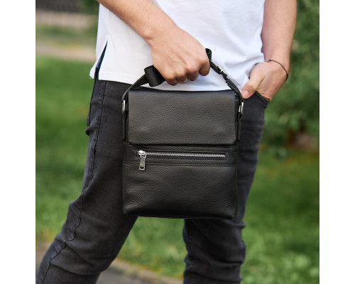 Шкіряна чоловіча сумка-месенджер 21х23х5.5, сумочка крос боді через плече чорна Tiding Bag 56230