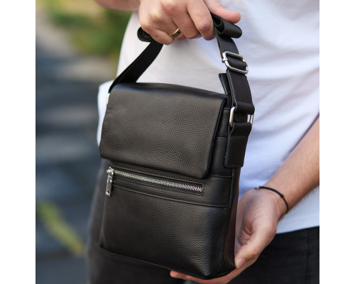Шкіряна чоловіча сумка-месенджер 21х23х5.5, сумочка крос боді через плече чорна Tiding Bag 56230