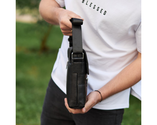 Шкіряна чоловіча сумка-месенджер 21х23х5.5, сумочка крос боді через плече чорна Tiding Bag 56230