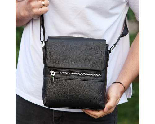 Шкіряна чоловіча сумка-месенджер 21х23х5.5, сумочка крос боді через плече чорна Tiding Bag 56230