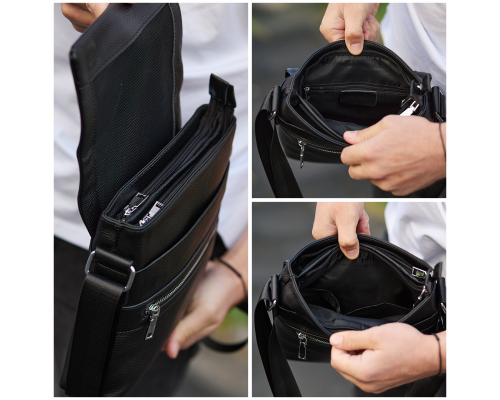 Шкіряна чоловіча сумка-месенджер 21х23х5.5, сумочка крос боді через плече чорна Tiding Bag 56230