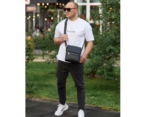 Шкіряна чоловіча сумка-месенджер 21х23х5.5, сумочка крос боді через плече чорна Tiding Bag 56230