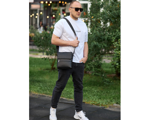 Шкіряна чоловіча сумка-месенджер 21х23х5.5, сумочка крос боді через плече чорна Tiding Bag 56230