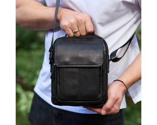 Сумка-барсетка чоловіча через плече 19х24х8, месенджер шкіряний гладкий Tiding Bag TD-55467 чорний колір