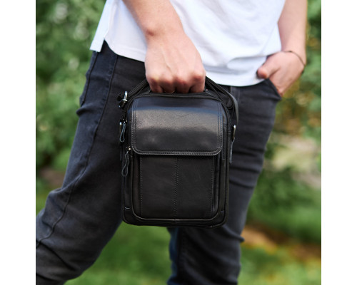 Сумка-барсетка чоловіча через плече 19х24х8, месенджер шкіряний гладкий Tiding Bag TD-55467 чорний колір