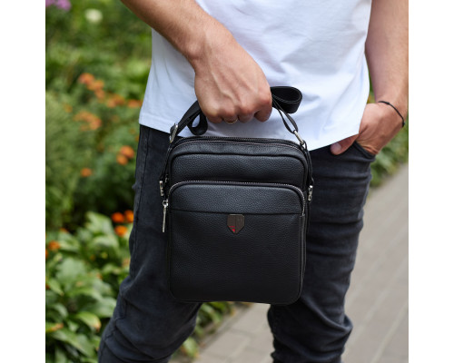 Чоловіча шкіряна сумка-барсетка 24х20х8, компактна сумочка на плече для чоловіка, наплічний месенджер, чорна