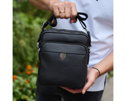 Чоловіча шкіряна сумка-барсетка 24х20х8, компактна сумочка на плече для чоловіка, наплічний месенджер, чорна