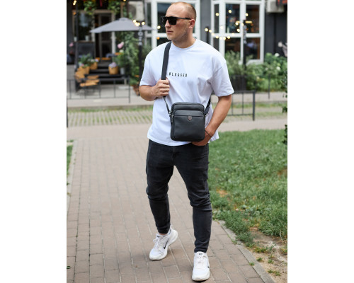 Чоловіча шкіряна сумка-барсетка 24х20х8, компактна сумочка на плече для чоловіка, наплічний месенджер, чорна