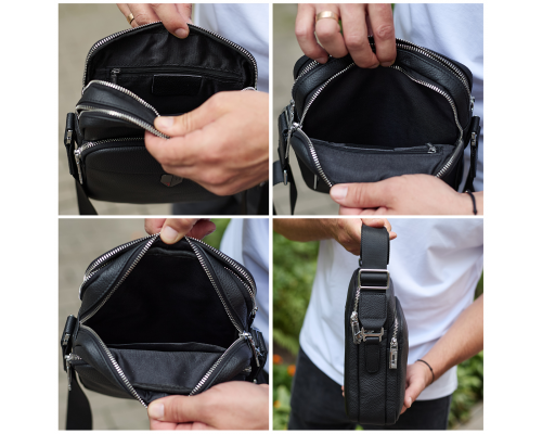 Чоловіча шкіряна сумка-барсетка 24х20х8, компактна сумочка на плече для чоловіка, наплічний месенджер, чорна