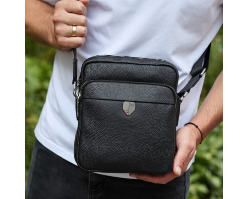 Чоловіча шкіряна сумка-барсетка 24х20х8, компактна сумочка на плече для чоловіка, наплічний месенджер, чорна