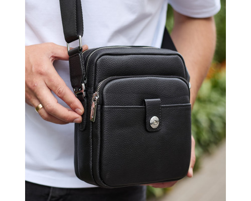 Чоловіча шкіряна універсальна сумка 24х20х8, барсетка зі шкіри, сумочка для чоловіків з регулюванням ручки, чорна