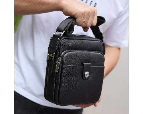 Чоловіча шкіряна універсальна сумка 24х20х8, барсетка зі шкіри, сумочка для чоловіків з регулюванням ручки, чорна