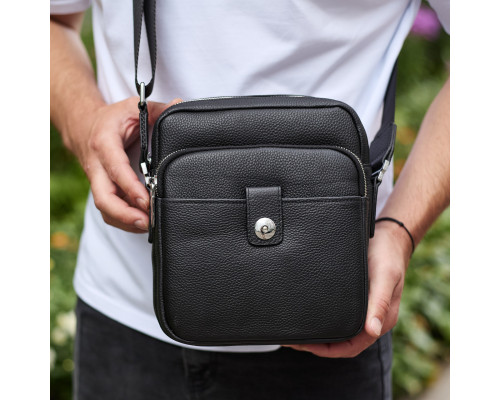 Чоловіча шкіряна універсальна сумка 24х20х8, барсетка зі шкіри, сумочка для чоловіків з регулюванням ручки, чорна