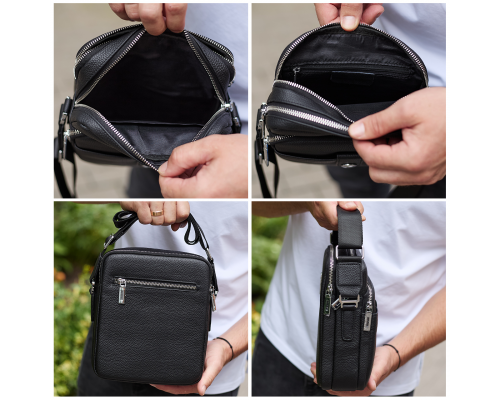 Чоловіча шкіряна універсальна сумка 24х20х8, барсетка зі шкіри, сумочка для чоловіків з регулюванням ручки, чорна