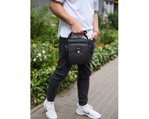 Чоловіча шкіряна універсальна сумка 24х20х8, барсетка зі шкіри, сумочка для чоловіків з регулюванням ручки, чорна