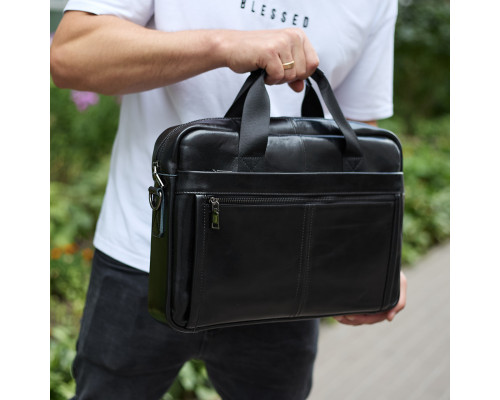 Шкіряна чоловіча сумка-портфель 38х28х8, сумочка для роботи та щоденних справ, чоловічий шопер, чорна