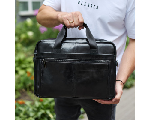 Шкіряна чоловіча сумка-портфель 38х28х8, сумочка для роботи та щоденних справ, чоловічий шопер, чорна