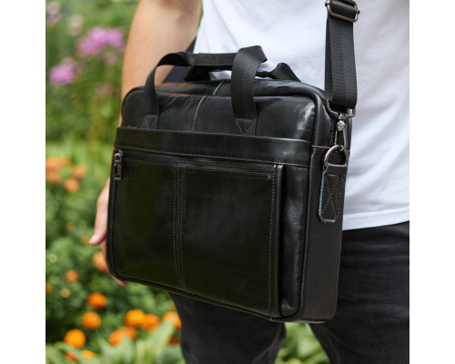 Шкіряна чоловіча сумка-портфель 38х28х8, сумочка для роботи та щоденних справ, чоловічий шопер, чорна