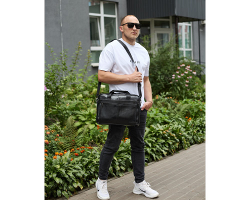 Шкіряна чоловіча сумка-портфель 38х28х8, сумочка для роботи та щоденних справ, чоловічий шопер, чорна