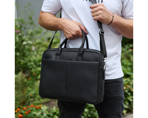 Чоловічий портфель на плече 38х28х8.5, офісний шкіряний месенджер, чоловіча ділова сумка для міста, чорна