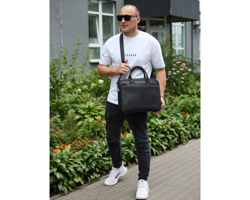 Чоловічий портфель на плече 38х28х8.5, офісний шкіряний месенджер, чоловіча ділова сумка для міста, чорна