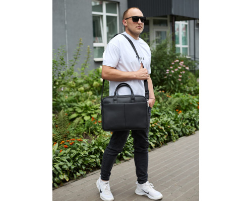 Чоловічий портфель на плече 38х28х8.5, офісний шкіряний месенджер, чоловіча ділова сумка для міста, чорна
