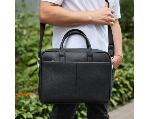 Чоловічий портфель на плече 38х28х8.5, офісний шкіряний месенджер, чоловіча ділова сумка для міста, чорна