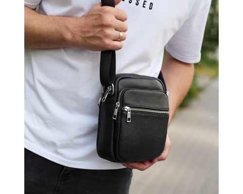 Чоловіча шкіряна барсетка 21х17х7, сумка для міста, компактний месенджер для щоденного використання, чорна