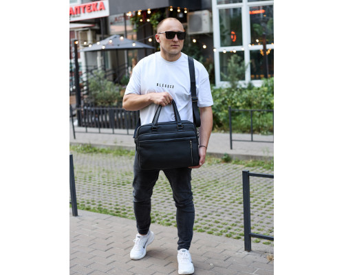 Офісна чоловіча сумка через плече 39х29х10, шкіряний портфель-месенджер для бізнесу, чорний