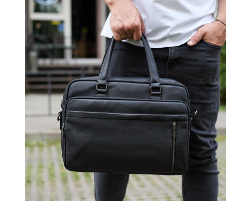 Офісна чоловіча сумка через плече 39х29х10, шкіряний портфель-месенджер для бізнесу, чорний