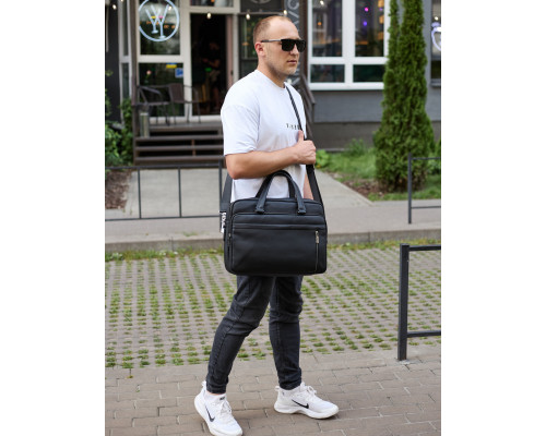 Офісна чоловіча сумка через плече 39х29х10, шкіряний портфель-месенджер для бізнесу, чорний