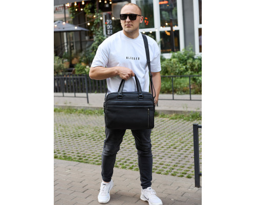 Офісна чоловіча сумка через плече 39х29х10, шкіряний портфель-месенджер для бізнесу, чорний