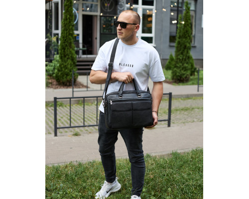 Сумка чоловіча офісна через плече 39х29х10, практичний шкіряний портфель для бізнесу, сумочка для навання, чорний