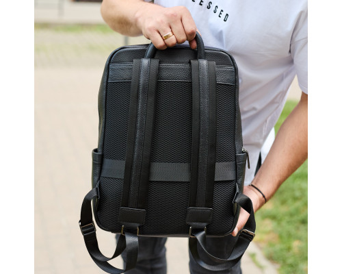 Стильний чоловічий шкіряний рюкзак 40х30х17, практичний аксесуар для ноутбука та документів, чорний
