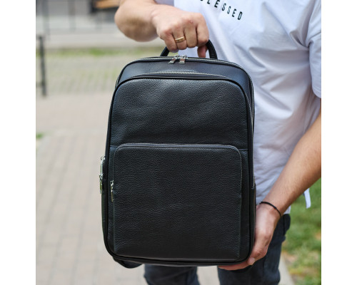 Класичний чоловічий рюкзак зі шкіри 42х30х16, практичний аксесуар для ноутбука та документів, чорний