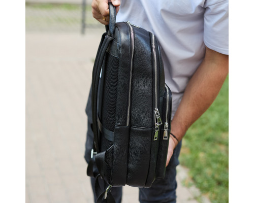 Класичний чоловічий рюкзак зі шкіри 42х30х16, практичний аксесуар для ноутбука та документів, чорний