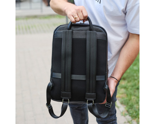 Класичний чоловічий рюкзак зі шкіри 42х30х16, практичний аксесуар для ноутбука та документів, чорний