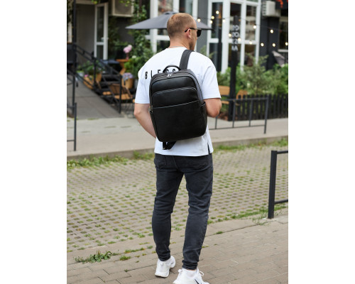 Універсальний чоловічий рюкзак із шкіри 41х31х16, зручний наплічник для ноутбука та документів, чорний