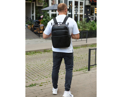 Універсальний чоловічий рюкзак із шкіри 41х31х16, зручний наплічник для ноутбука та документів, чорний