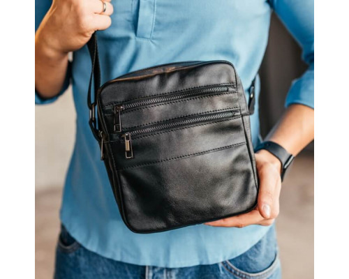 Чоловіча шкіряна чорна сумка через плече Detroit глянець