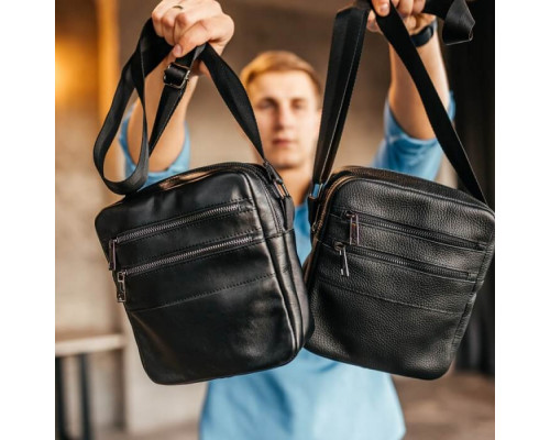 Чоловіча шкіряна чорна сумка через плече Detroit глянець