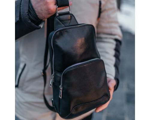 Чоловіча шкіряна сумка слінг Yozone гладкий чорий
