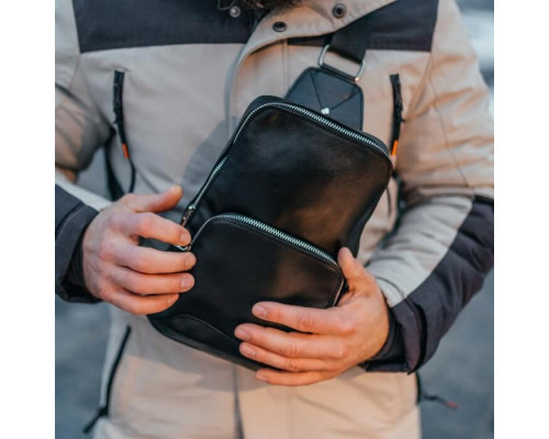 Чоловіча шкіряна сумка слінг Yozone гладкий чорий