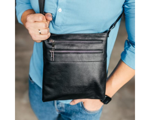 Чоловіча шкіряна сумка через плече чорна Double Up