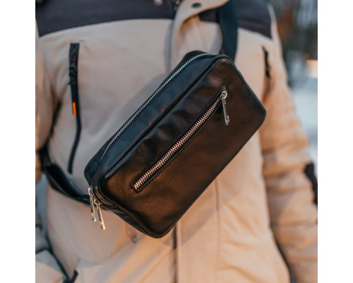 Чоловіча шкіряна чорна сумка на пояс бананка Кентукки глянець