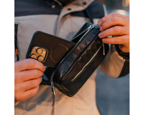 Чоловіча шкіряна чорна сумка на пояс бананка Кентукки глянець