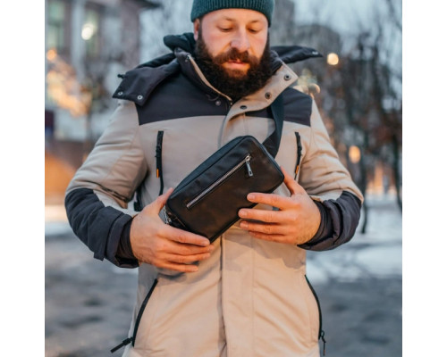 Чоловіча шкіряна чорна сумка на пояс бананка Кентукки глянець